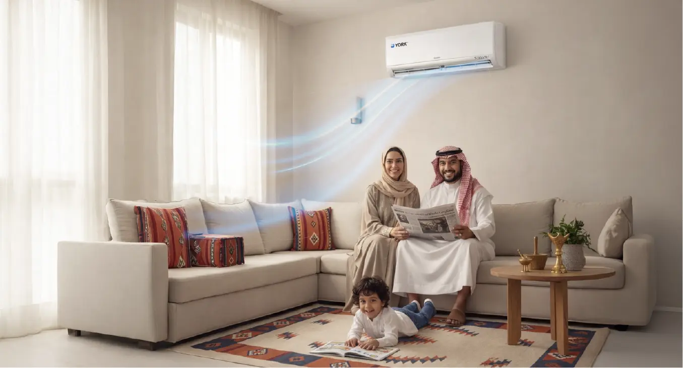 عائلة تستمتع بدرجة حرارة داخلية مريحة مع مكيف يورك